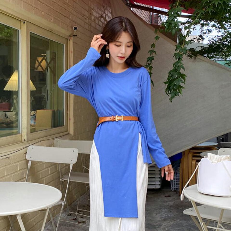 ルーズアンバランスTシャツ・全3色・t64554 レディース 【tops】韓国ファッション トップス Tシャツ 長袖 秋 アンバランス ルーズ ゆったり ロング ロングTシャツ ラウンドネック コットン 体型カーバー デイリー 夏 春