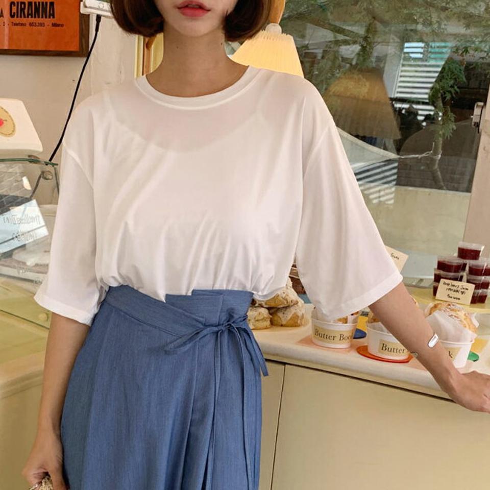 ラウンドルーズTシャツ・全5色・n64517 レディース 【tops】韓国 ファッション トップス Tシャツ 半袖 ベーシック やわらかい 無地 ルーズ ゆったり 体型カーバー デイリー カジュアル オーバーサイズ 夏 春