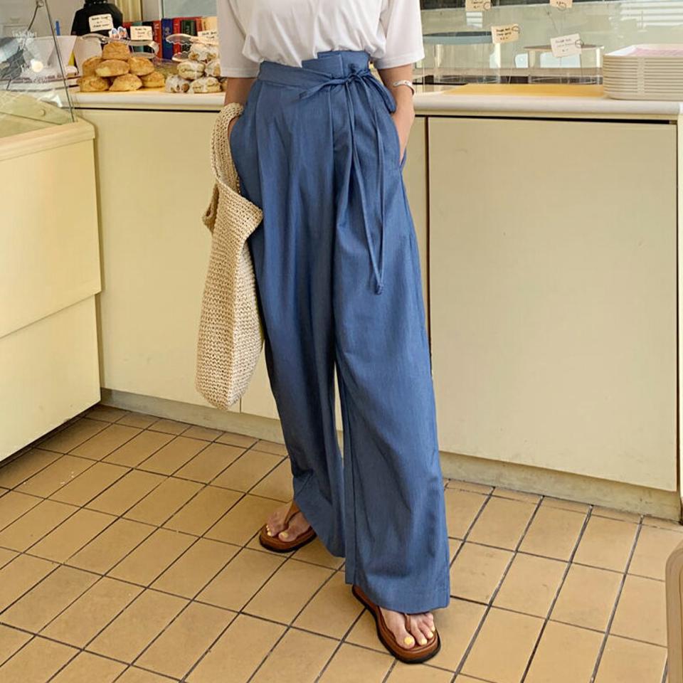 サイドリボンタックパンツ・全3色・t64545 レディース 【pt】韓国 ファッション ボトムス ロング ロングパンツ ストレート 楽ちん リボン タックパンツ ワイド ツータック スリム 体型カーバー 細身 足長 着痩せ 夏 春