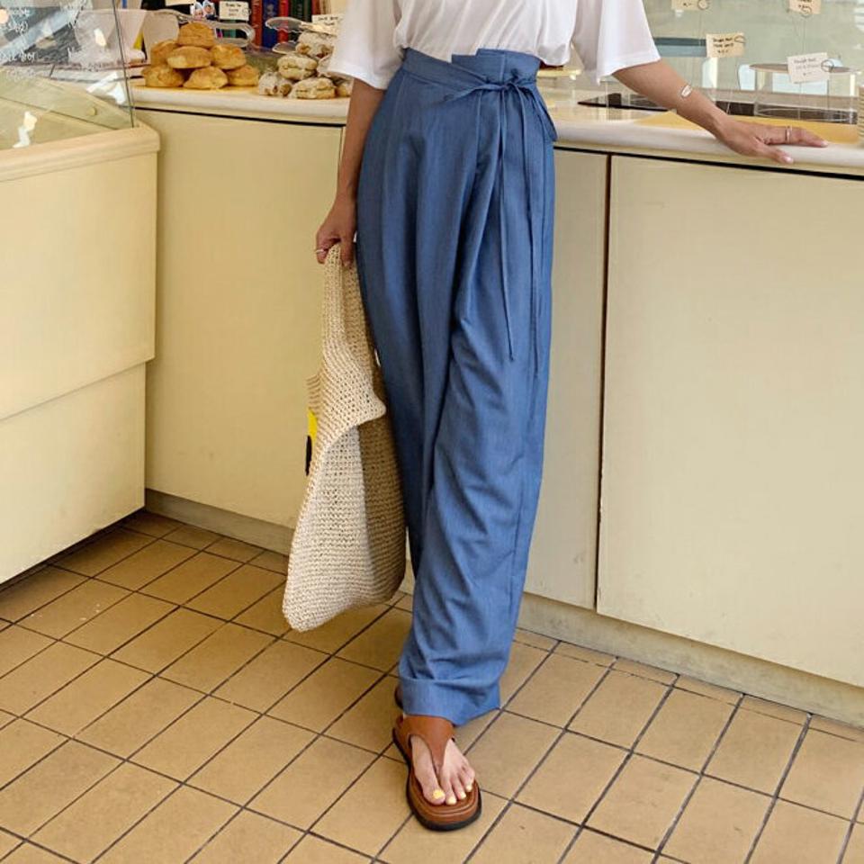 サイドリボンタックパンツ・全3色・t64545 レディース 【pt】韓国 ファッション ボトムス ロング ロングパンツ ストレート 楽ちん リボン タックパンツ ワイド ツータック スリム 体型カーバー 細身 足長 着痩せ 夏 春