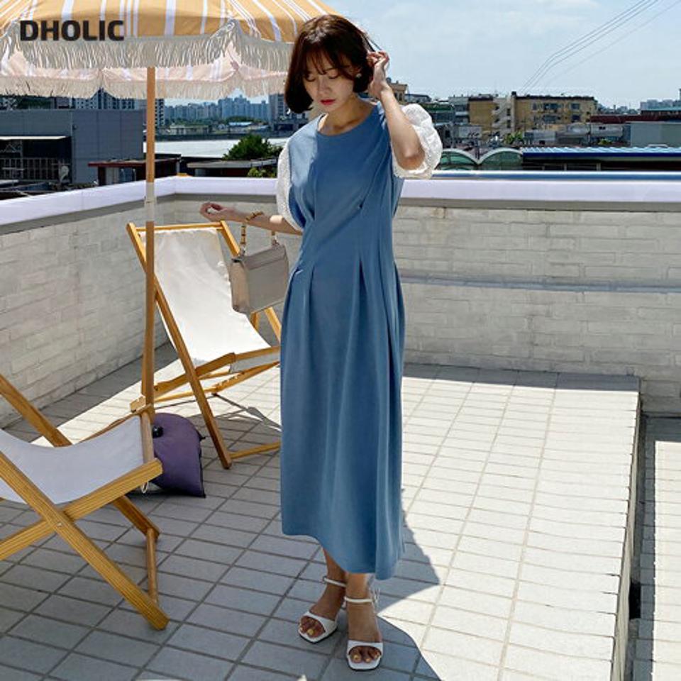 レーススリーブワンピース・全3色・t62541 レディース 【ops】韓国 ファッション ワンピース ロング ロングワンピース 半袖 メッシュレース レース ラウンドネック タック 異素材 レイヤード風 フレア フェミニン 体型カバー 夏 春