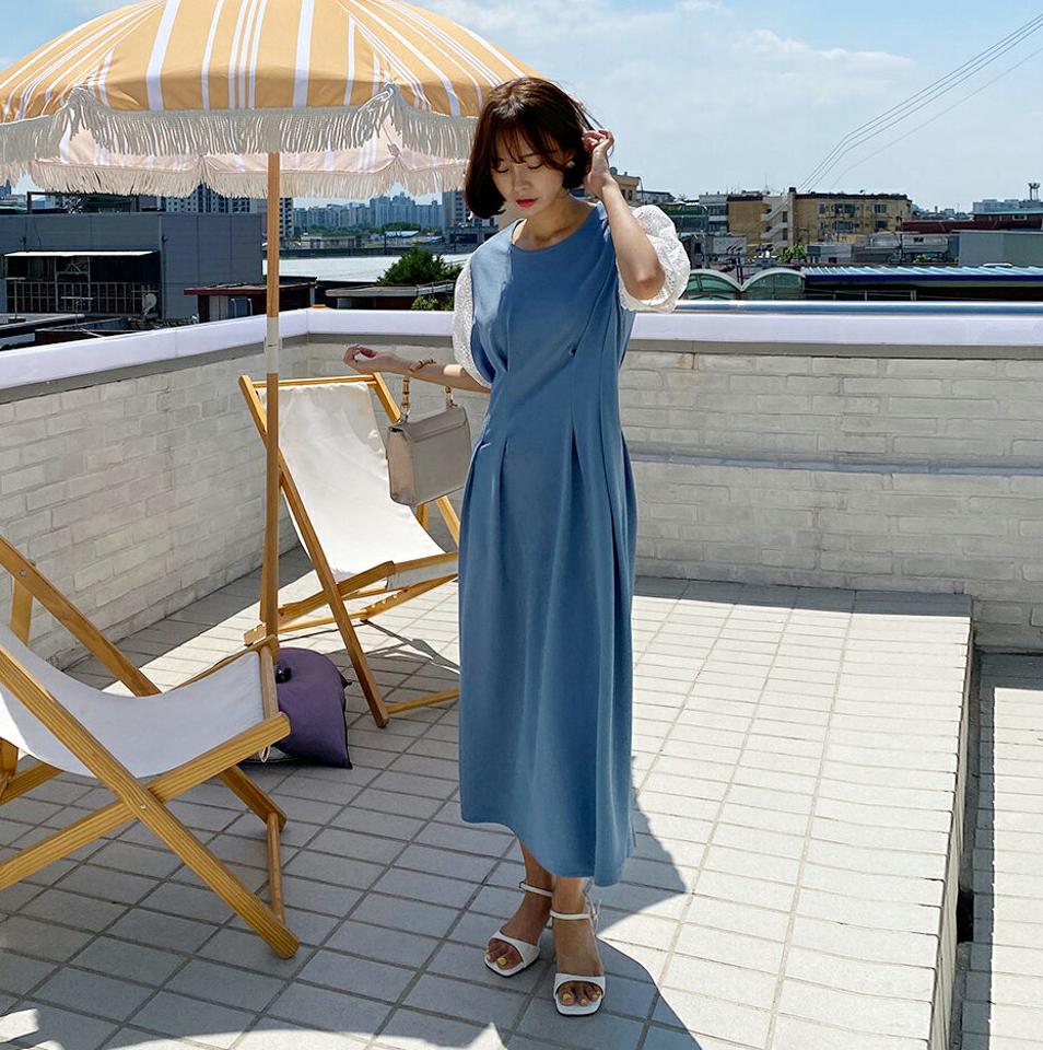 レーススリーブワンピース・全3色・t62541 レディース 【ops】韓国 ファッション ワンピース ロング ロングワンピース 半袖 メッシュレース レース ラウンドネック タック 異素材 レイヤード風 フレア フェミニン 体型カバー 夏 春