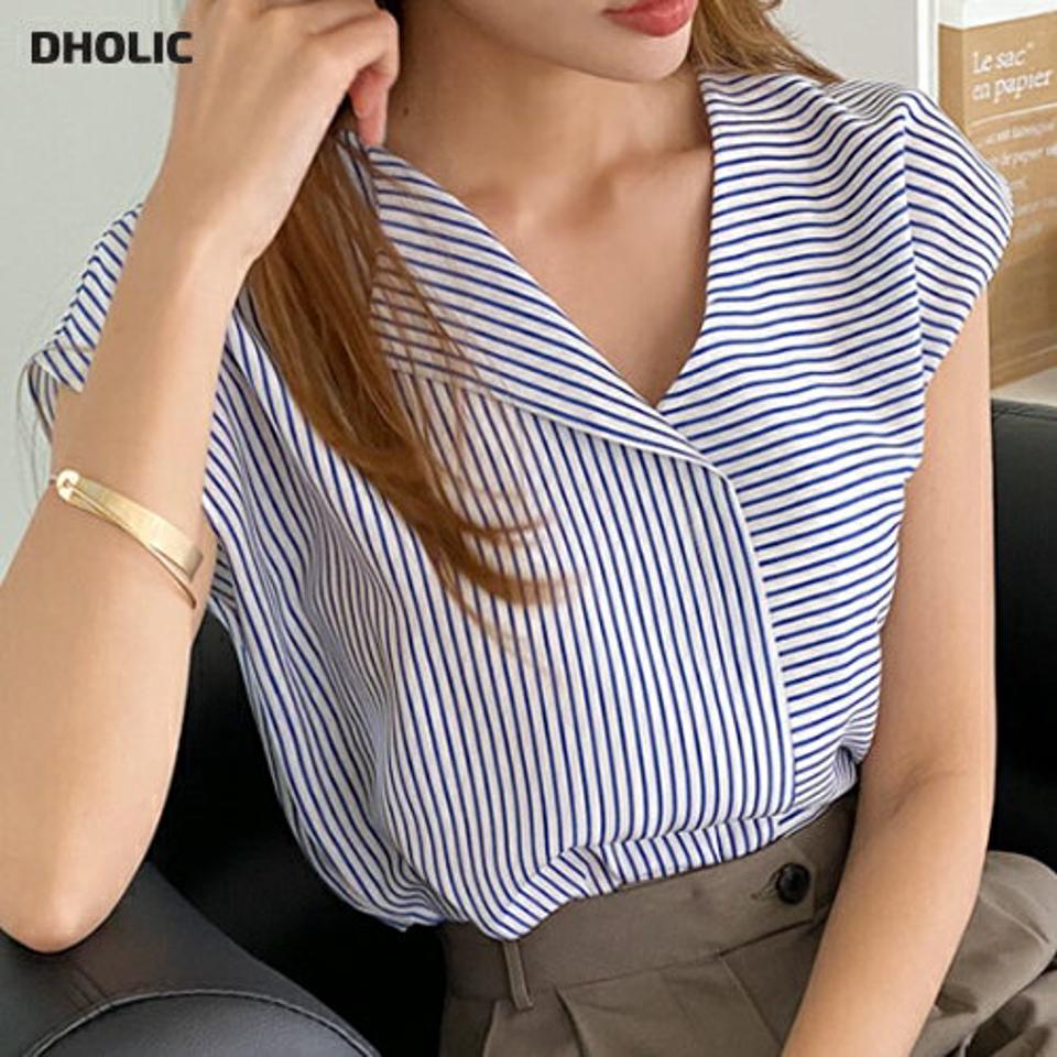 ストライプボーダーブラウス・全2色・b69556 レディース 【bl】トップス ブラウス フレンチスリーブ ショートスリーブ アンバランス ストライプ柄 ボーダー柄 大人 Vネック オフィスカジュアル 春 夏 韓国 ファッション ハイホリHIHOLLI