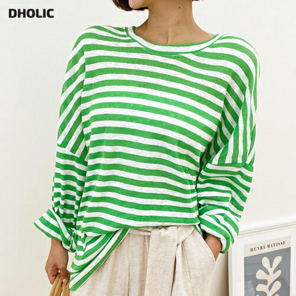 ボーダーロングTシャツ・全3色・t62576 レディース 【tops】韓国 ファッション トップス Tシャツ 半袖 デイリー ボーダー パターン ラウンドネック ラフ ドロップショルダー フェミニン カジュアル ルーズ ゆったり 夏 春