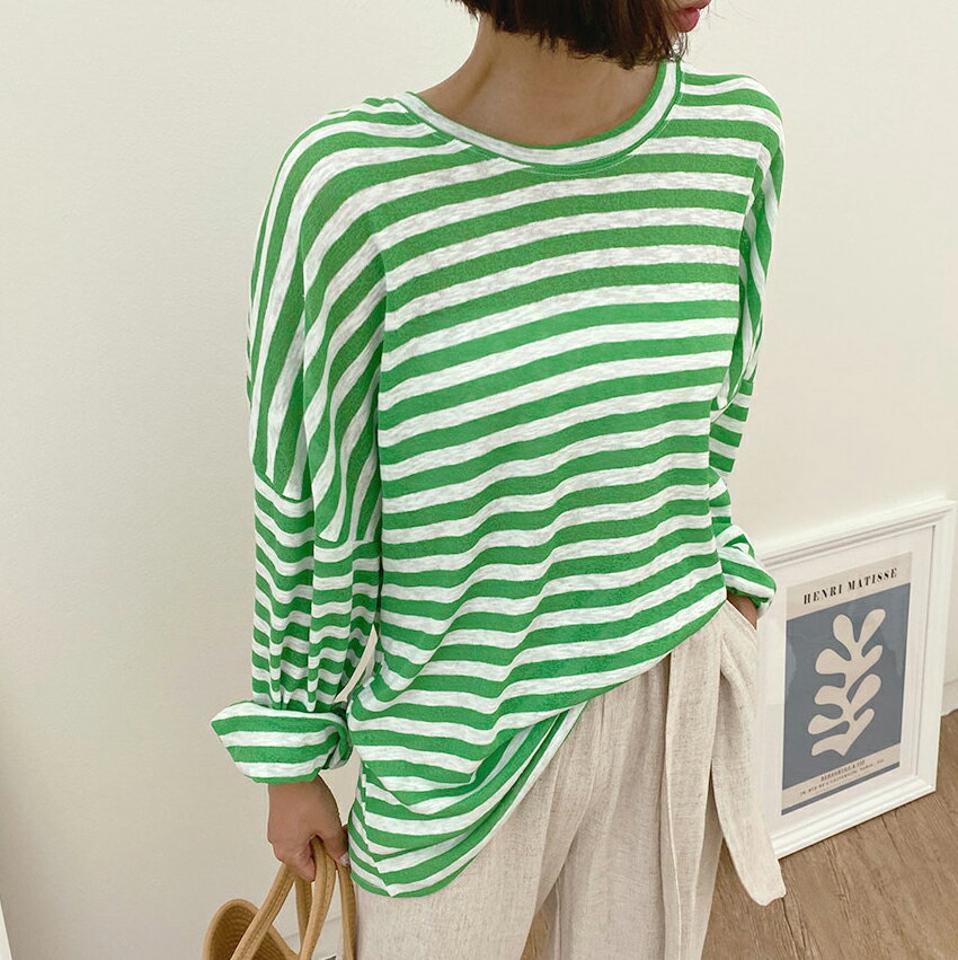 ボーダーロングTシャツ・全3色・t62576 レディース 【tops】韓国 ファッション トップス Tシャツ 半袖 デイリー ボーダー パターン ラウンドネック ラフ ドロップショルダー フェミニン カジュアル ルーズ ゆったり 夏 春