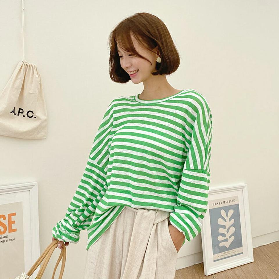 ボーダーロングTシャツ・全3色・t62576 レディース 【tops】韓国 ファッション トップス Tシャツ 半袖 デイリー ボーダー パターン ラウンドネック ラフ ドロップショルダー フェミニン カジュアル ルーズ ゆったり 夏 春