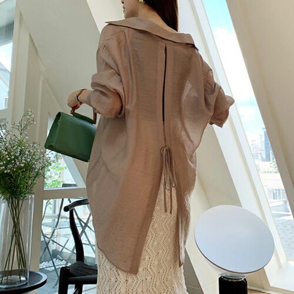 バックスリットリボンシャツブラウス・全5色・t69595 レディース 【bl】トップス ブラウス シャツブラウス りぼん バックスリット バックシャン 長袖 単色 無地 シンプル 透け感 シアー シースルー 春 夏 秋 韓国 ファッション ハイホリHIHOLLI