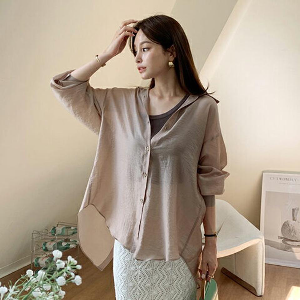 バックスリットリボンシャツブラウス・全5色・t69595 レディース 【bl】トップス ブラウス シャツブラウス りぼん バックスリット バックシャン 長袖 単色 無地 シンプル 透け感 シアー シースルー 春 夏 秋 韓国 ファッション ハイホリHIHOLLI