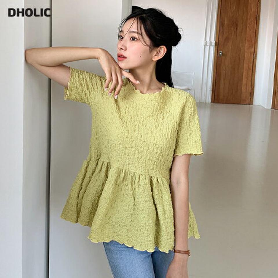 リンクルギャザーブラウス・全3色・t64641 レディース 【bl】韓国 ファッション トップス ブラウス 半袖 ラブリー リンクル ギャザー ラウンドネック フレア フェミニン 体型カバー 細身 シンプル ガーリー 春 夏 NIJU