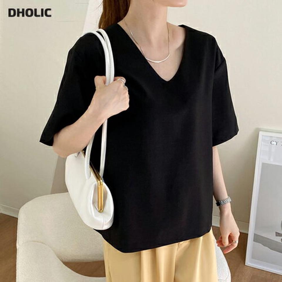 Vネックサイドスリットブラウス・全3色・b69592 レディース 【bl】トップス ブラウス 半袖 ハーフスリーブ Vネック スリット 単色 無地 シンプル ベーシック 大人 カジュアル 春 夏 韓国 ファッション ハイホリHIHOLLI