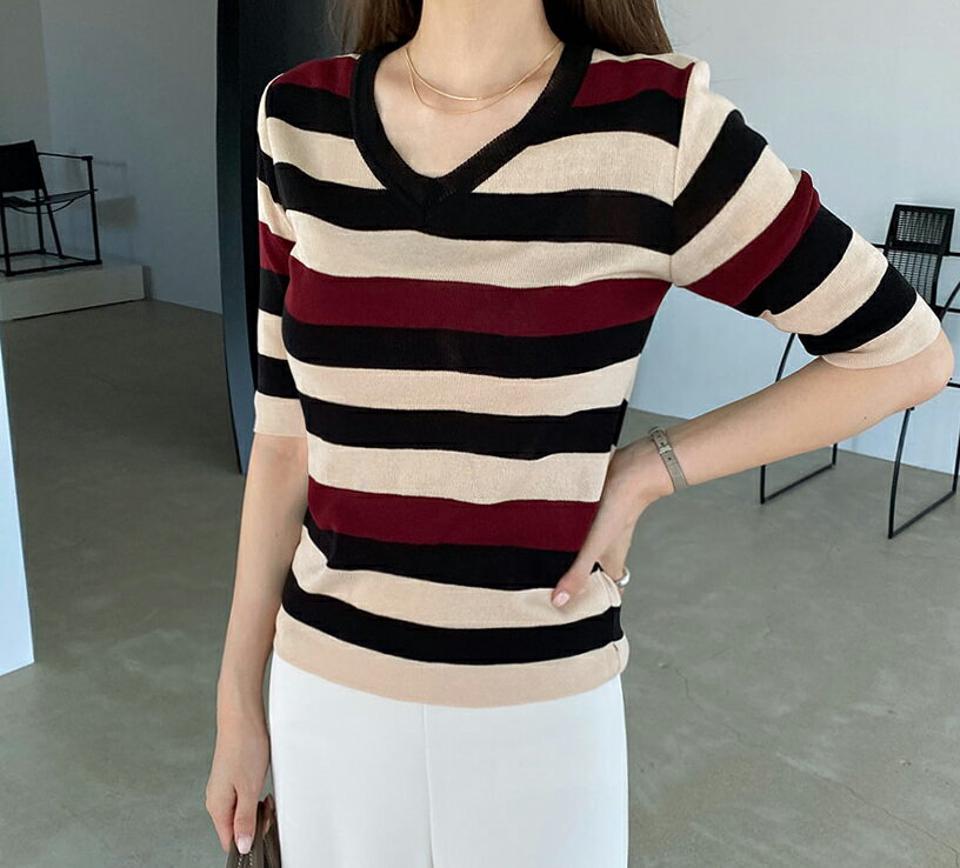 配色ボーダーニット・全2色・t00220 レディース 【tops】トップス ニット 半袖 ハーフスリーブ ボーダー柄 マルチボーダー 配色 大人 カジュアル Vネック 春 夏 秋 韓国 ファッション ハイホリHIHOLLI