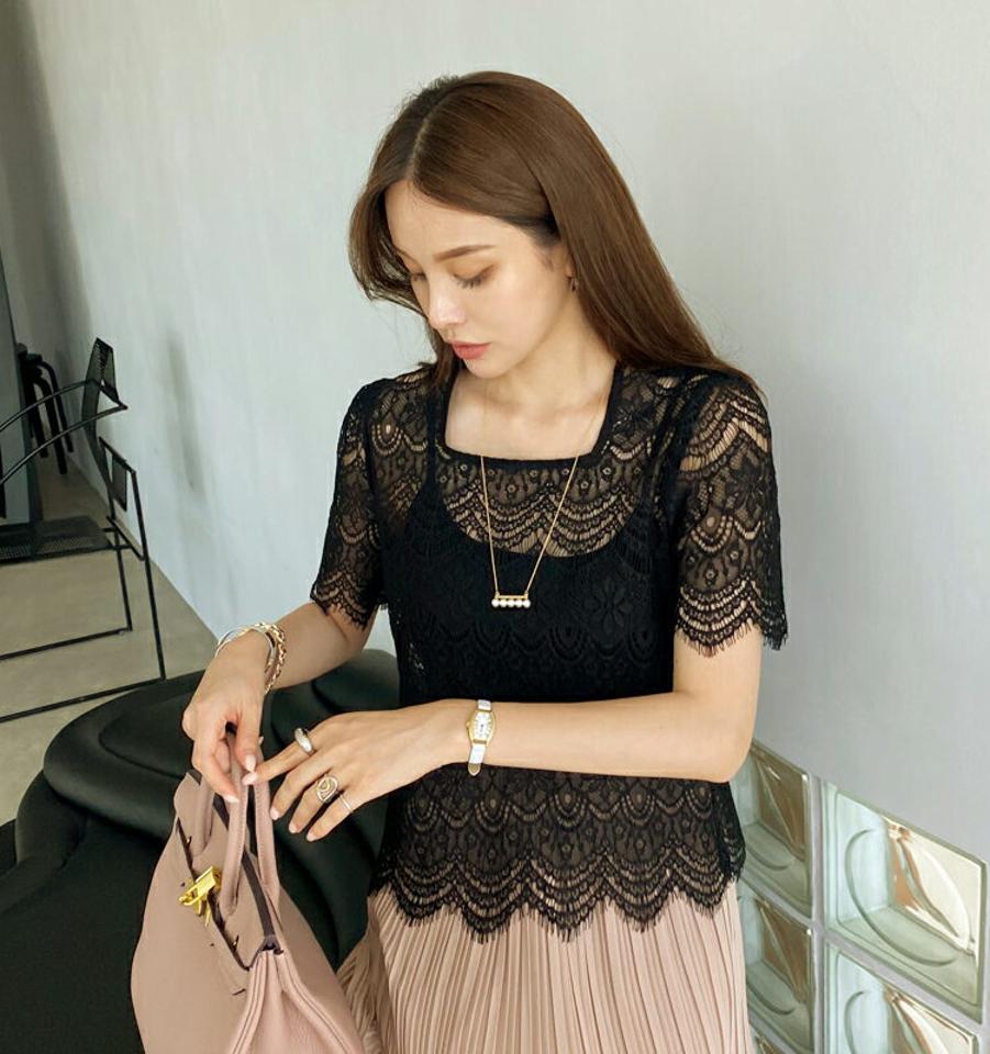 スクエアネックレースブラウス・全3色・b00219 レディース 【bl】トップス ブラウス 半袖 ハーフスリーブ 総レース レース スクエアネック 透け感 シアー シースルー フェミニン 大人 スカラップヘム 花柄 上品 春 夏 韓国 ファッション ハイホリHIHOLLI