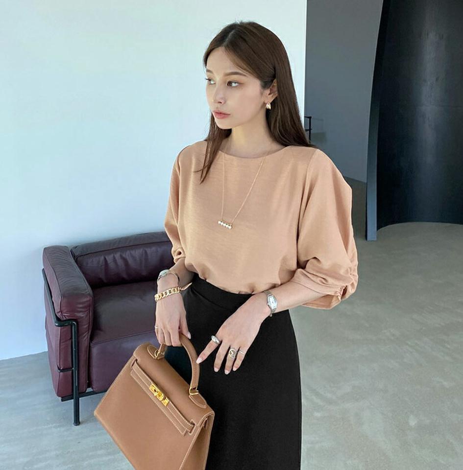 ギャザースリーブブラウス・全4色・t00217 レディース 【bl】トップス ブラウス 七分丈 七分袖 7分丈 7分袖 ギャザー 単色 無地 シンプル 大人 春 秋 韓国 ファッション ハイホリHIHOLLI