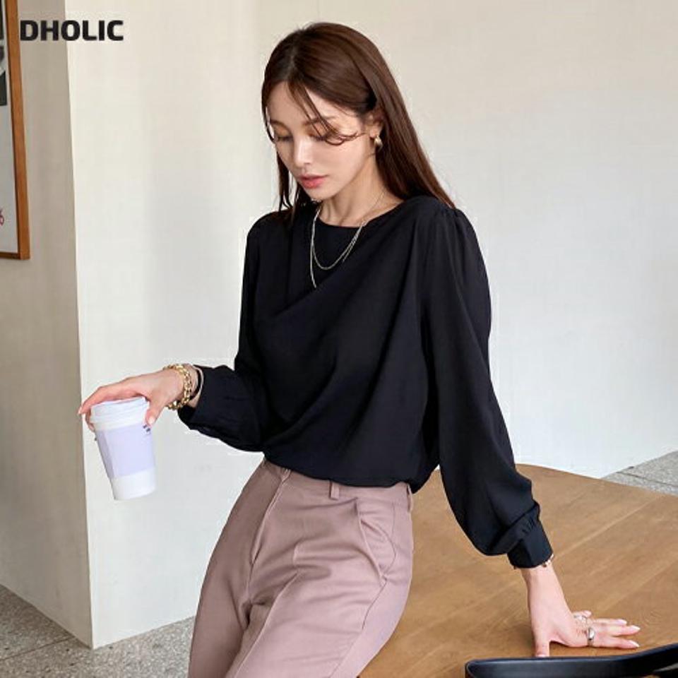 ドレープタックブラウス・全2色・t00216 レディース 【bl】トップス ブラウス タック ドレープ 長袖 単色 無地 シンプル シフォン 上品 きれいめ 大人 オフィスカジュアル 春 秋 韓国 ファッション ハイホリHIHOLLI