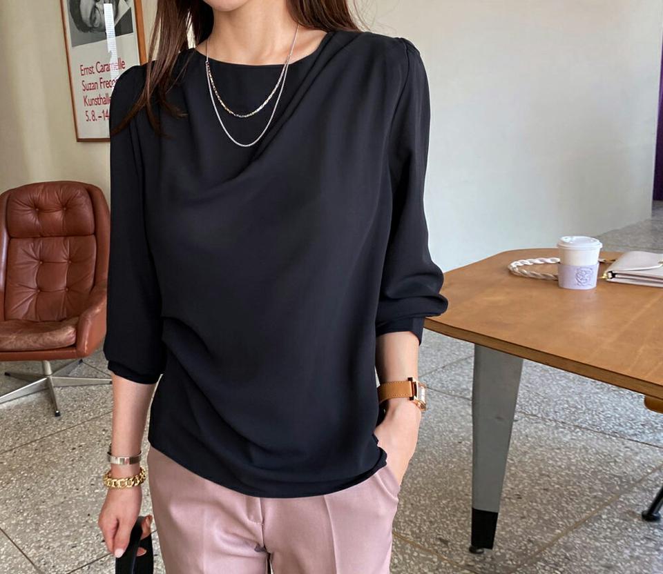 ドレープタックブラウス・全2色・t00216 レディース 【bl】トップス ブラウス タック ドレープ 長袖 単色 無地 シンプル シフォン 上品 きれいめ 大人 オフィスカジュアル 春 秋 韓国 ファッション ハイホリHIHOLLI