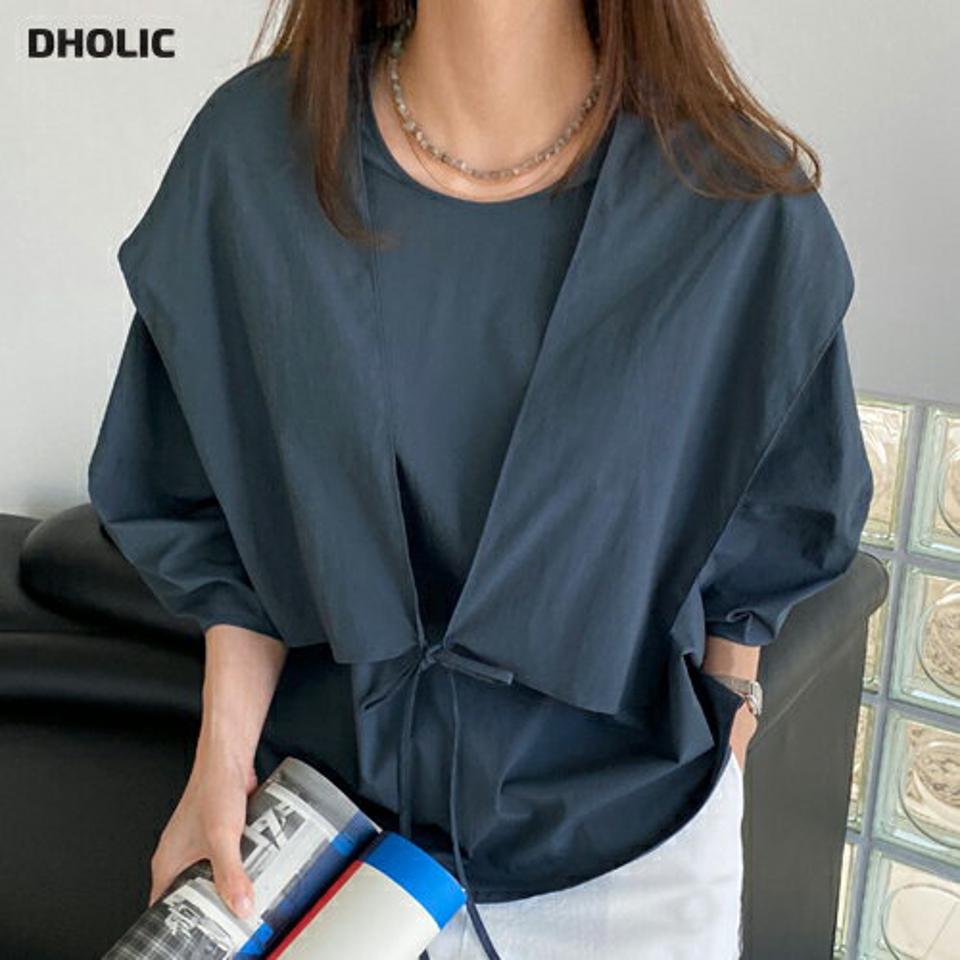 リボンビッグカラーブラウス・全2色・b00215 レディース 【bl】トップス ブラウス 七分丈 七分袖 7分丈 7分袖 りぼん 単色 シンプル ビッグカラー アンバランス スリット パフ袖 パフスリーブ 春 秋 韓国 ファッション ハイホリHIHOLLI