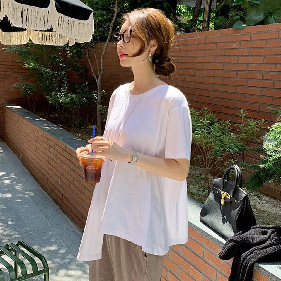 シルケットアンバランスTシャツ・全3色・t69588 レディース 【tops】トップス Tシャツ 半袖 アンバランス シルキー ラウンドネック カジュアル ラフ シンプル 大人 春 夏 韓国 ファッション ハイホリHIHOLLI