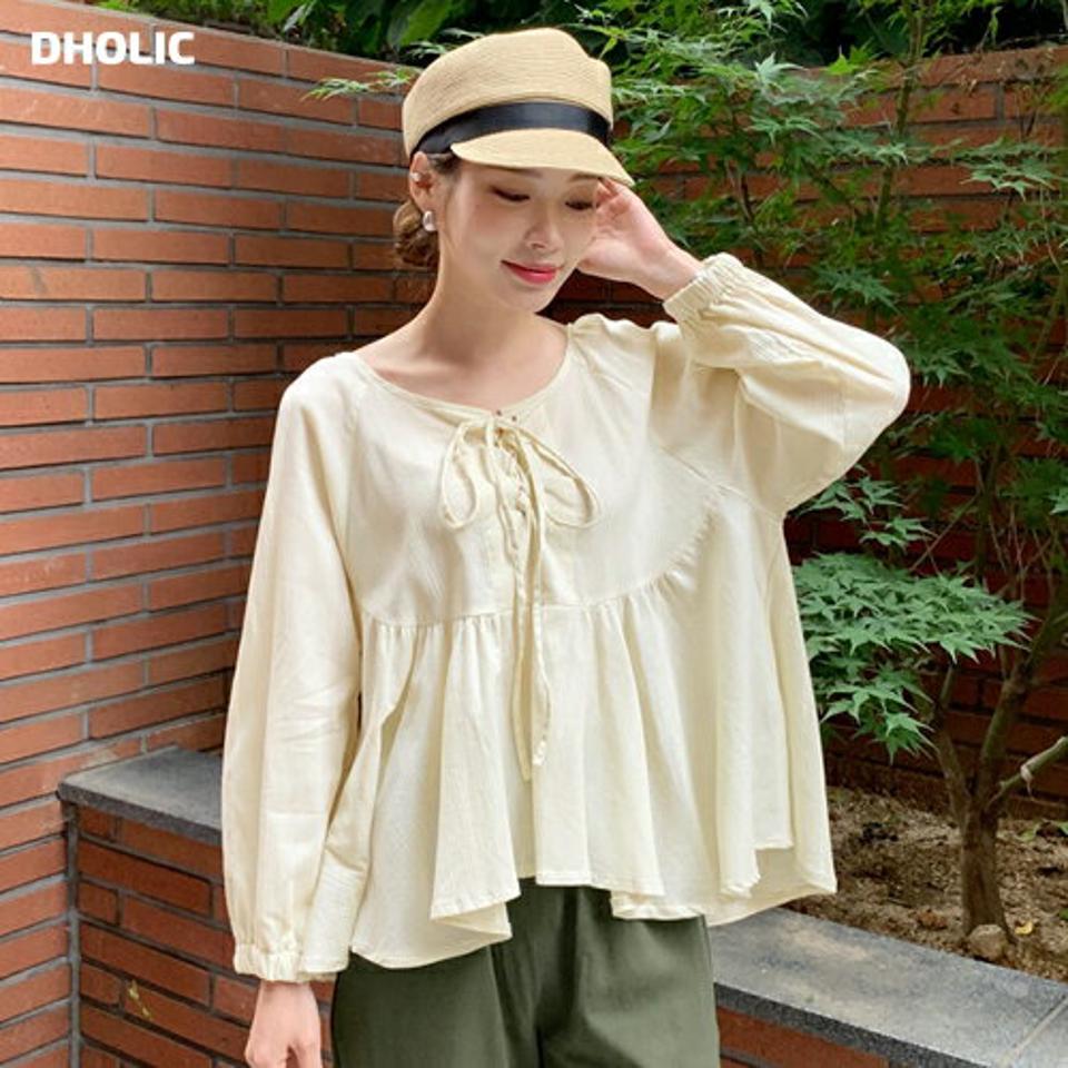 リボンフレアブラウス・全2色・t69593 レディース 【bl】トップス ブラウス フレア りぼん 長袖 単色 シンプル かわいい 可愛い 大人 ガーリー レースアップ コットン 春 夏 韓国 ファッション ハイホリHIHOLLI