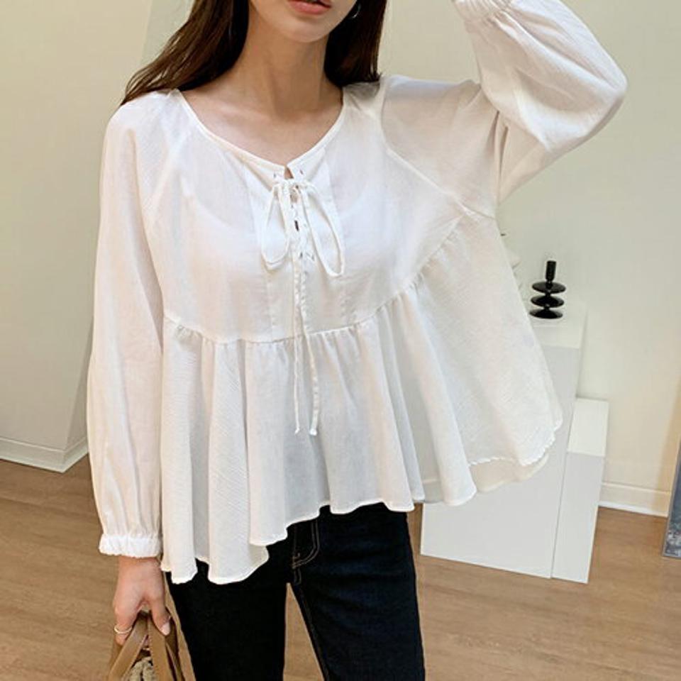 リボンフレアブラウス・全2色・t69593 レディース 【bl】トップス ブラウス フレア りぼん 長袖 単色 シンプル かわいい 可愛い 大人 ガーリー レースアップ コットン 春 夏 韓国 ファッション ハイホリHIHOLLI