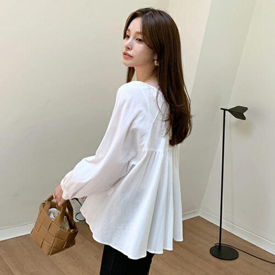 リボンフレアブラウス・全2色・t69593 レディース 【bl】トップス ブラウス フレア りぼん 長袖 単色 シンプル かわいい 可愛い 大人 ガーリー レースアップ コットン 春 夏 韓国 ファッション ハイホリHIHOLLI