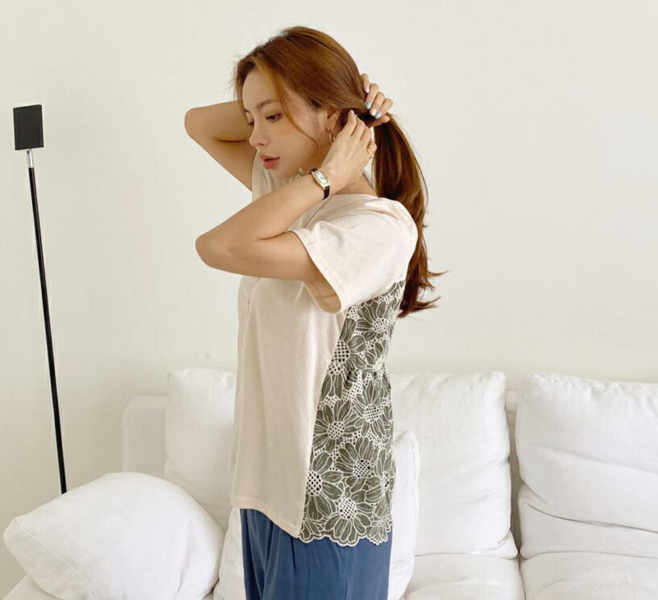 バックレースTシャツ・全3色・t69554 レディース 【tops】トップス Tシャツ 半袖 ハーフスリーブ バックシャン レース 大人 可愛い かわいい フェミニン 春 夏 韓国 ファッション ハイホリHIHOLLI