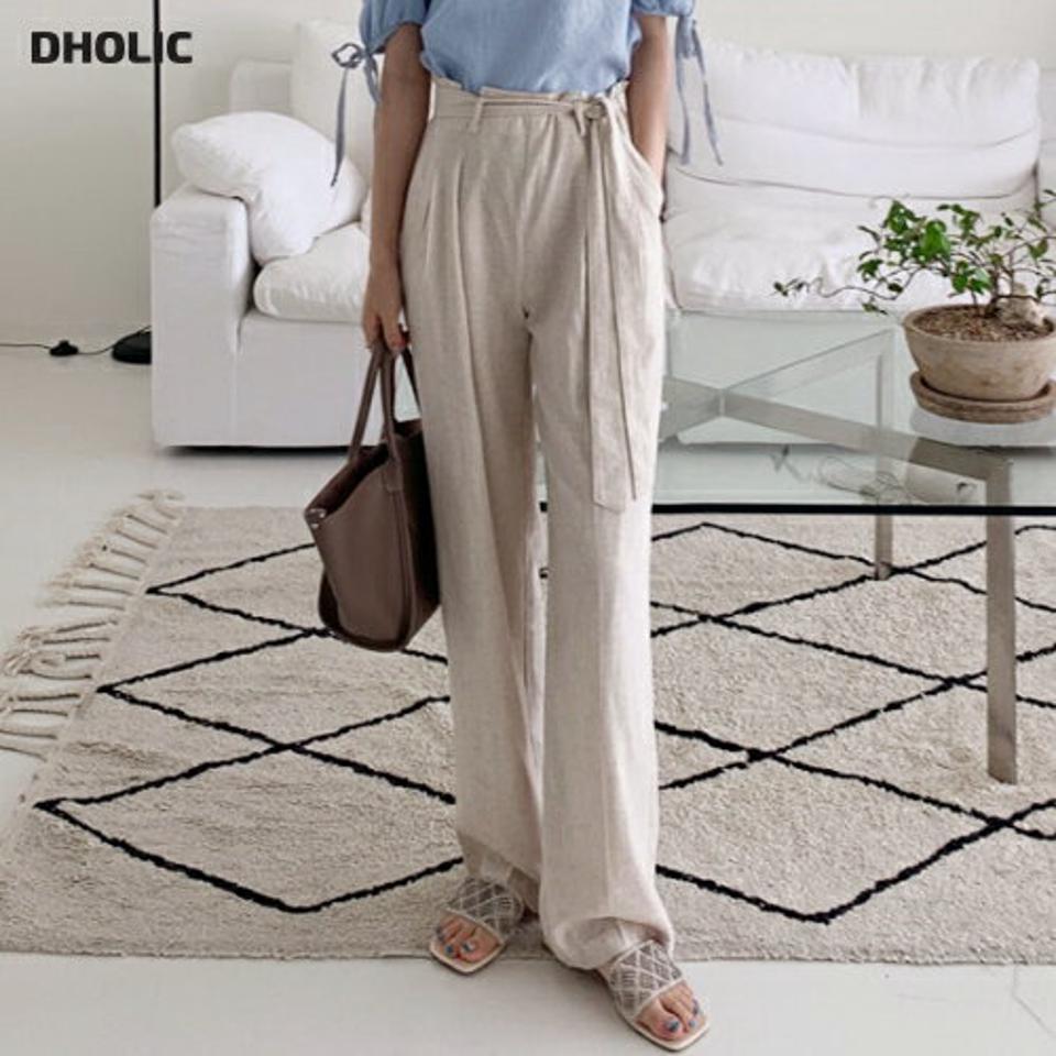 ストラップ付リネン混ワイドパンツ・全2色・b69577 レディース 【pt】パンツ ズボン ロングパンツ ワイド リネン ストラップ 単色 無地 シンプル カジュアル ラフ 春 夏 韓国 ファッション ハイホリHIHOLLI