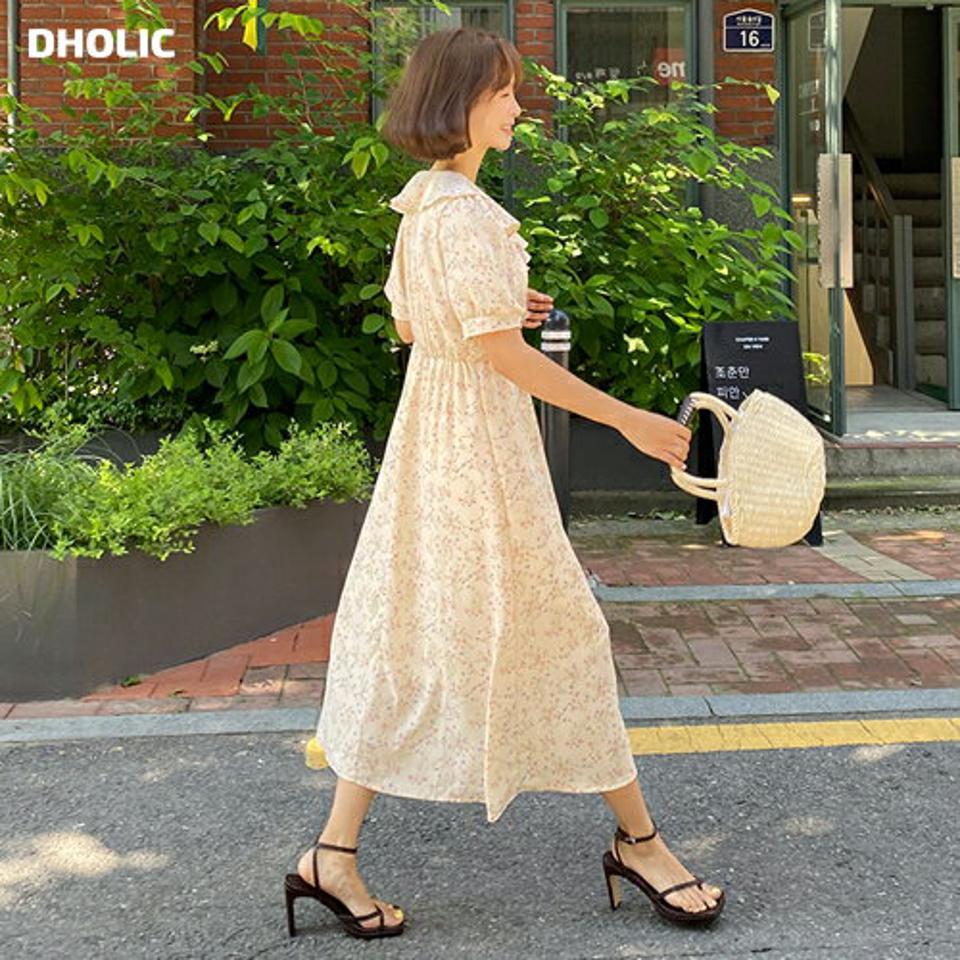 フラワーシフォンワンピース・全2色・t62542 レディース 【ops】韓国 ファッション ワンピース ロング ロングワンピース 半袖 花柄 フラワー パターン フリル Vネック 小顔 ゴム フレア パフスリーブ フェミニン 体型カバー 夏 春