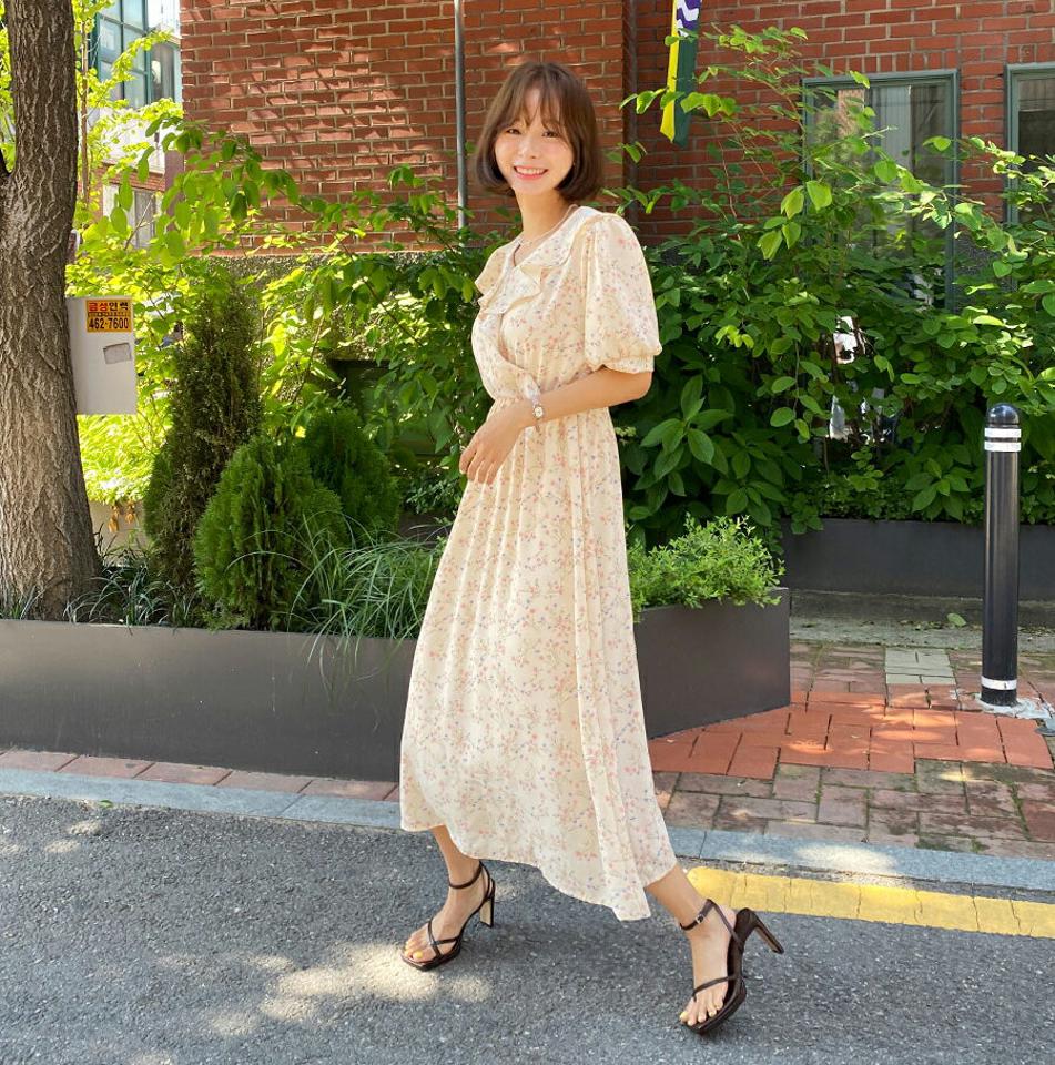 フラワーシフォンワンピース・全2色・t62542 レディース 【ops】韓国 ファッション ワンピース ロング ロングワンピース 半袖 花柄 フラワー パターン フリル Vネック 小顔 ゴム フレア パフスリーブ フェミニン 体型カバー 夏 春