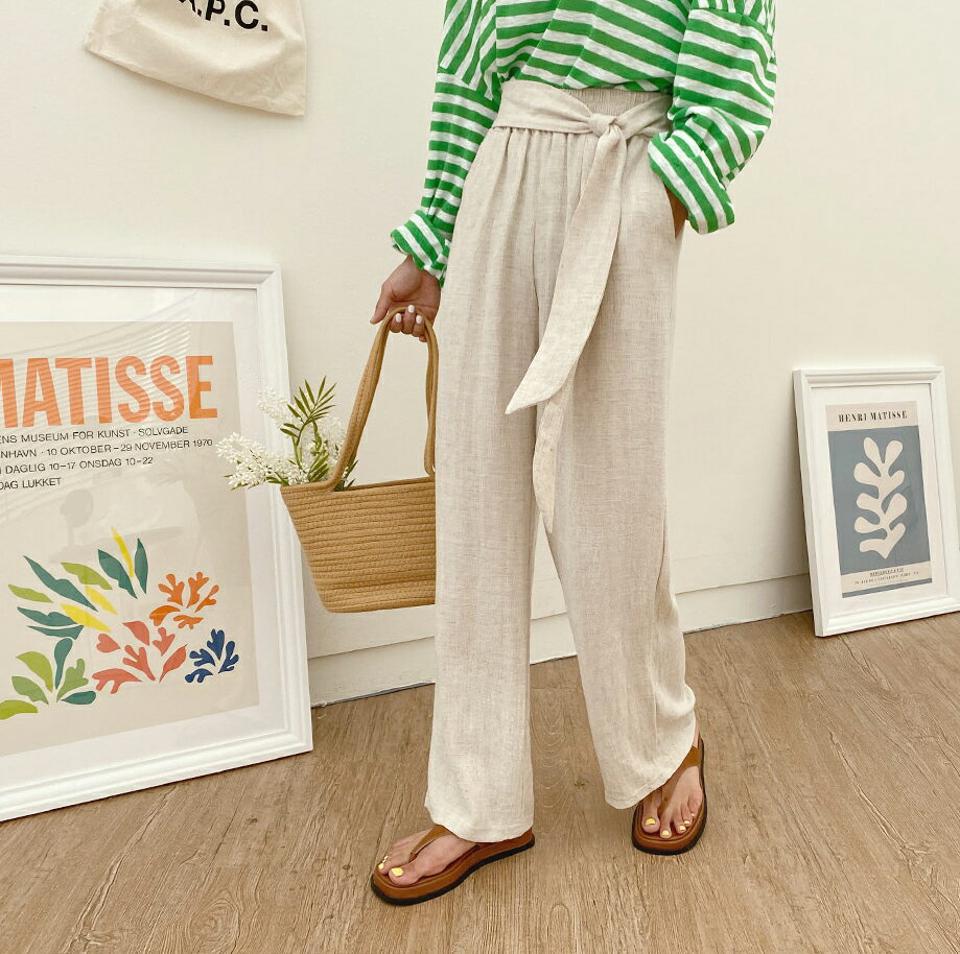 リネン混リボンワイドパンツ・全3色・t62546 レディース 【pt】韓国 ファッション ボトムス ロング ロングパンツ 着痩せ リネン ワイドパンツ 大人 美脚 ワイド 体型カーバー 細身 足長 ルーズ ゆったり リボン 夏 春