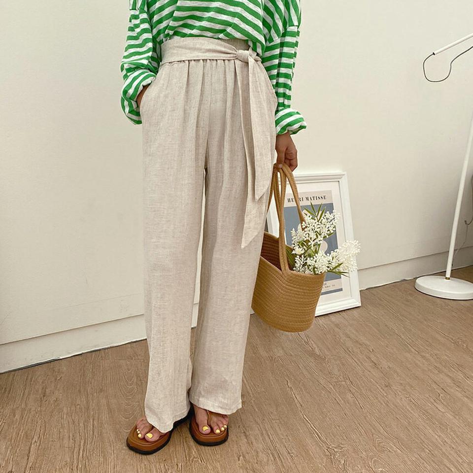 リネン混リボンワイドパンツ・全3色・t62546 レディース 【pt】韓国 ファッション ボトムス ロング ロングパンツ 着痩せ リネン ワイドパンツ 大人 美脚 ワイド 体型カーバー 細身 足長 ルーズ ゆったり リボン 夏 春
