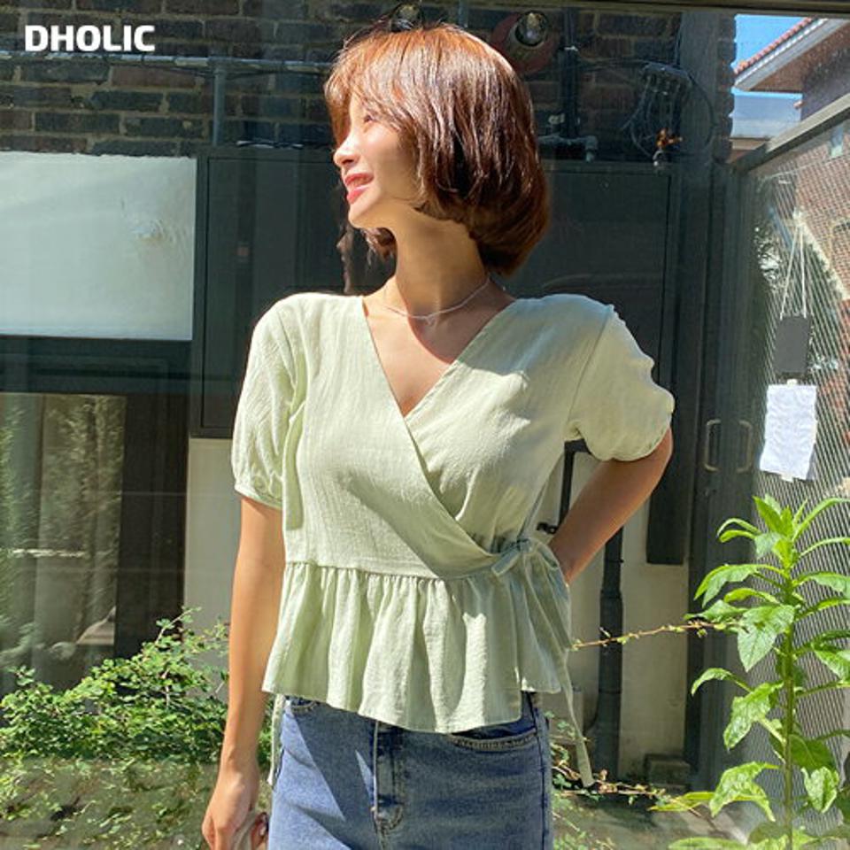 Vネックラップブラウス・全4色・t62533 レディース 【bl】韓国 ファッション トップス ブラウス 半袖 Vネック ラップブラウス ラップデザイン リボン フレア クロップド丈 デコルテ フェミニン 上品 カジュアル 夏 春