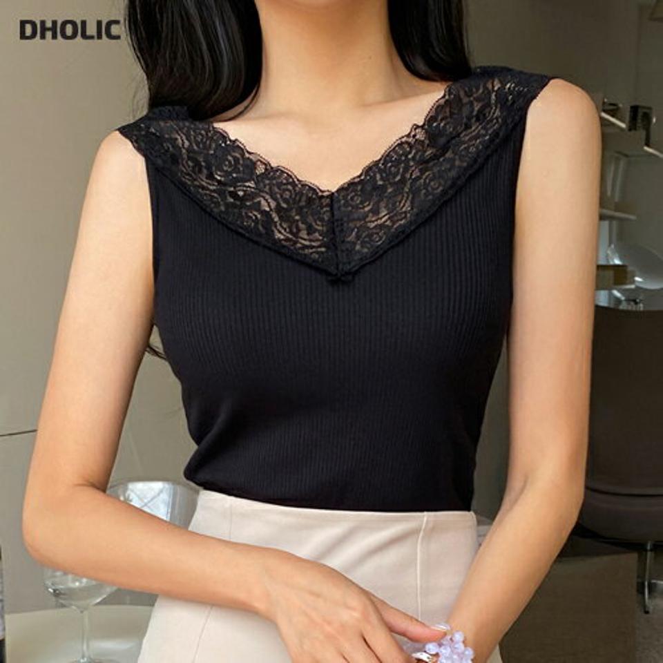 Vネックレーススリーブレス・全3色・b64757 レディース 【tops】韓国 ファッション トップス スリーブレス レース Vネック リブ フィット ノースリーブ 無地 カジュアル デイリー フェミニン シンプル ガーリー 春 夏 NIJU