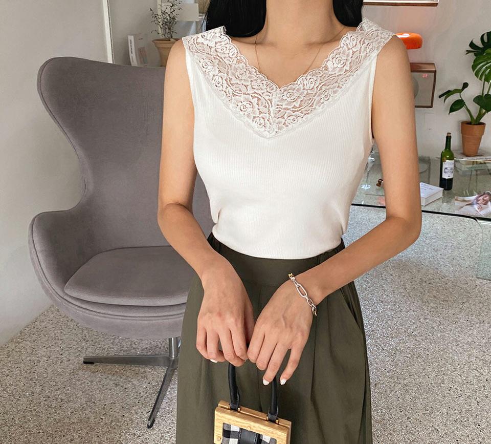 Vネックレーススリーブレス・全3色・b64757 レディース 【tops】韓国 ファッション トップス スリーブレス レース Vネック リブ フィット ノースリーブ 無地 カジュアル デイリー フェミニン シンプル ガーリー 春 夏 NIJU