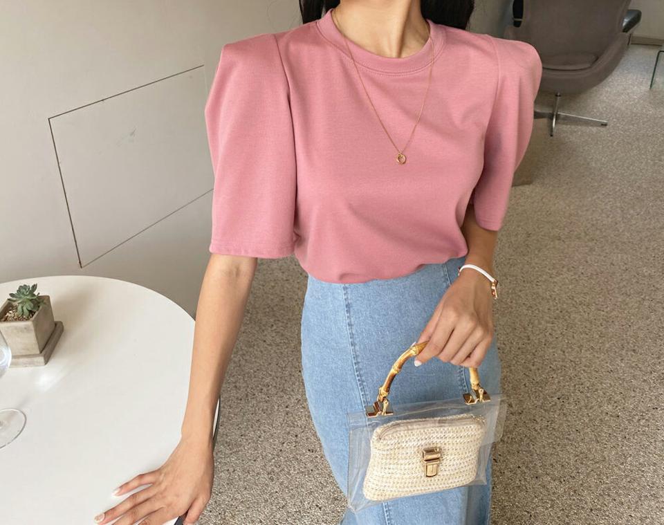 ショルダーパフTシャツ・全3色・t64760 レディース 【tops】韓国 ファッション トップス Tシャツ 半袖 タック パフスリーブ ラウンドネック 無地 カジュアル ルーズ ゆったり デイリー フェミニン シンプル ガーリー 春 夏 NIJU