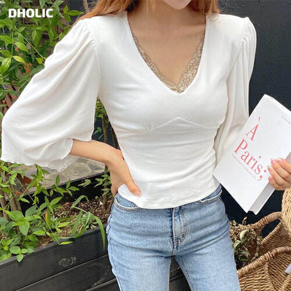 ギャザースリムVネックTシャツ・全3色・t64762 レディース 【tops】韓国 ファッション トップス Tシャツ 長袖 パッド スリム フィット タイト Vネック ボリューム ギャザー ウェーブ シンプル デコルテ デイリー セクシー フェミニン 春 夏 NIJU
