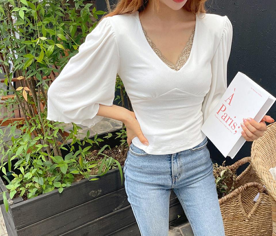 ギャザースリムVネックTシャツ・全3色・t64762 レディース 【tops】韓国 ファッション トップス Tシャツ 長袖 パッド スリム フィット タイト Vネック ボリューム ギャザー ウェーブ シンプル デコルテ デイリー セクシー フェミニン 春 夏 NIJU