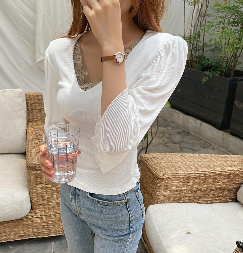 ギャザースリムVネックTシャツ・全3色・t64762 レディース 【tops】韓国 ファッション トップス Tシャツ 長袖 パッド スリム フィット タイト Vネック ボリューム ギャザー ウェーブ シンプル デコルテ デイリー セクシー フェミニン 春 夏 NIJU