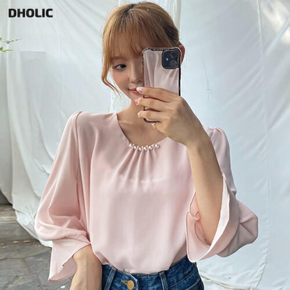 フェイクパールシフォンブラウス・全4色・t64763 レディース 【bl】韓国 ファッション トップス ブラウス 長袖 秋 パール フレア ラウンドネック シフォン フェミニン 上品 体型カバー 細身 ルーズ ゆったり オフィスカジュアル 春 夏 NIJU