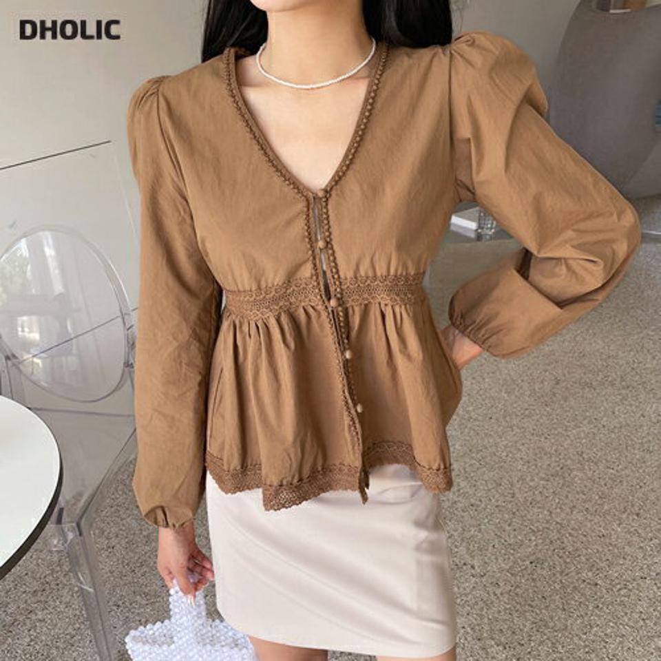 レースラインボタンブラウス・全3色・t64767 レディース 【bl】韓国ファッション トップス ブラウス 長袖 秋 上品 ラブリー Vネック 小顔　デコルテ レース パフ ボタン パフスリーブ ルーズ ゆったり フェミニン 体型カバー 細身 ガーリー 春 夏 NIJU