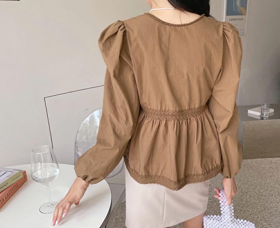 レースラインボタンブラウス・全3色・t64767 レディース 【bl】韓国ファッション トップス ブラウス 長袖 秋 上品 ラブリー Vネック 小顔　デコルテ レース パフ ボタン パフスリーブ ルーズ ゆったり フェミニン 体型カバー 細身 ガーリー 春 夏 NIJU