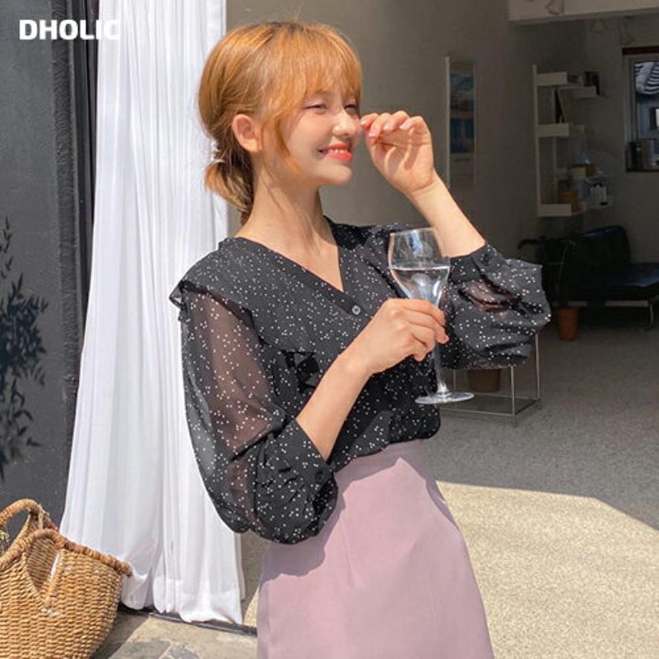 ドットフリルブラウス・全2色・b64768 レディース 【bl】韓国ファッション トップス ブラウス 長袖 秋 上品 ラブリー 小顔　デコルテ ドット パターン シフォン シースルー Vネック フリル ルーズ ゆったり フェミニン ガーリー 春 夏 NIJU