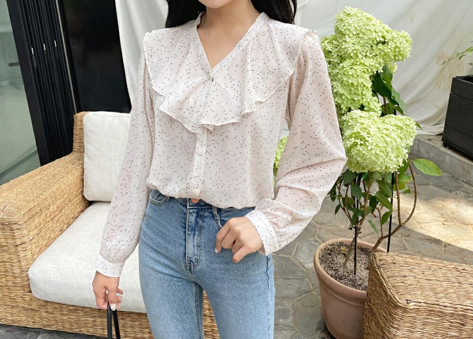 ドットフリルブラウス・全2色・b64768 レディース 【bl】韓国ファッション トップス ブラウス 長袖 秋 上品 ラブリー 小顔　デコルテ ドット パターン シフォン シースルー Vネック フリル ルーズ ゆったり フェミニン ガーリー 春 夏 NIJU