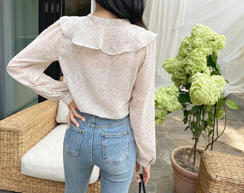ドットフリルブラウス・全2色・b64768 レディース 【bl】韓国ファッション トップス ブラウス 長袖 秋 上品 ラブリー 小顔　デコルテ ドット パターン シフォン シースルー Vネック フリル ルーズ ゆったり フェミニン ガーリー 春 夏 NIJU