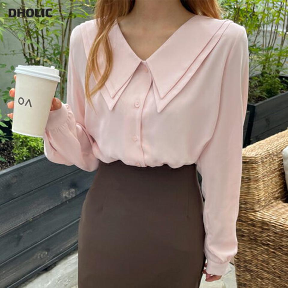 ダブルカラーボタンブラウス・全3色・t64770 レディース 【bl】韓国ファッション トップス ブラウス 長袖 ダブルカーラー カラーネック ボタン カジュアル ルーズ ゆったり フェミニン 体型カバー 細身 ガーリー 春 夏 NIJU