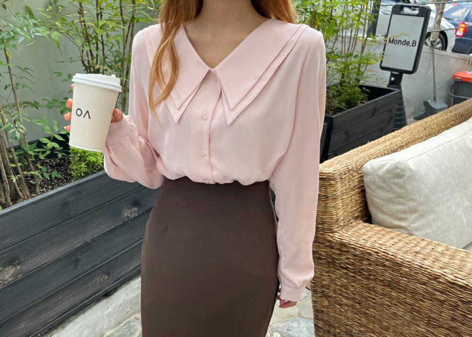 ダブルカラーボタンブラウス・全3色・t64770 レディース 【bl】韓国ファッション トップス ブラウス 長袖 ダブルカーラー カラーネック ボタン カジュアル ルーズ ゆったり フェミニン 体型カバー 細身 ガーリー 春 夏 NIJU