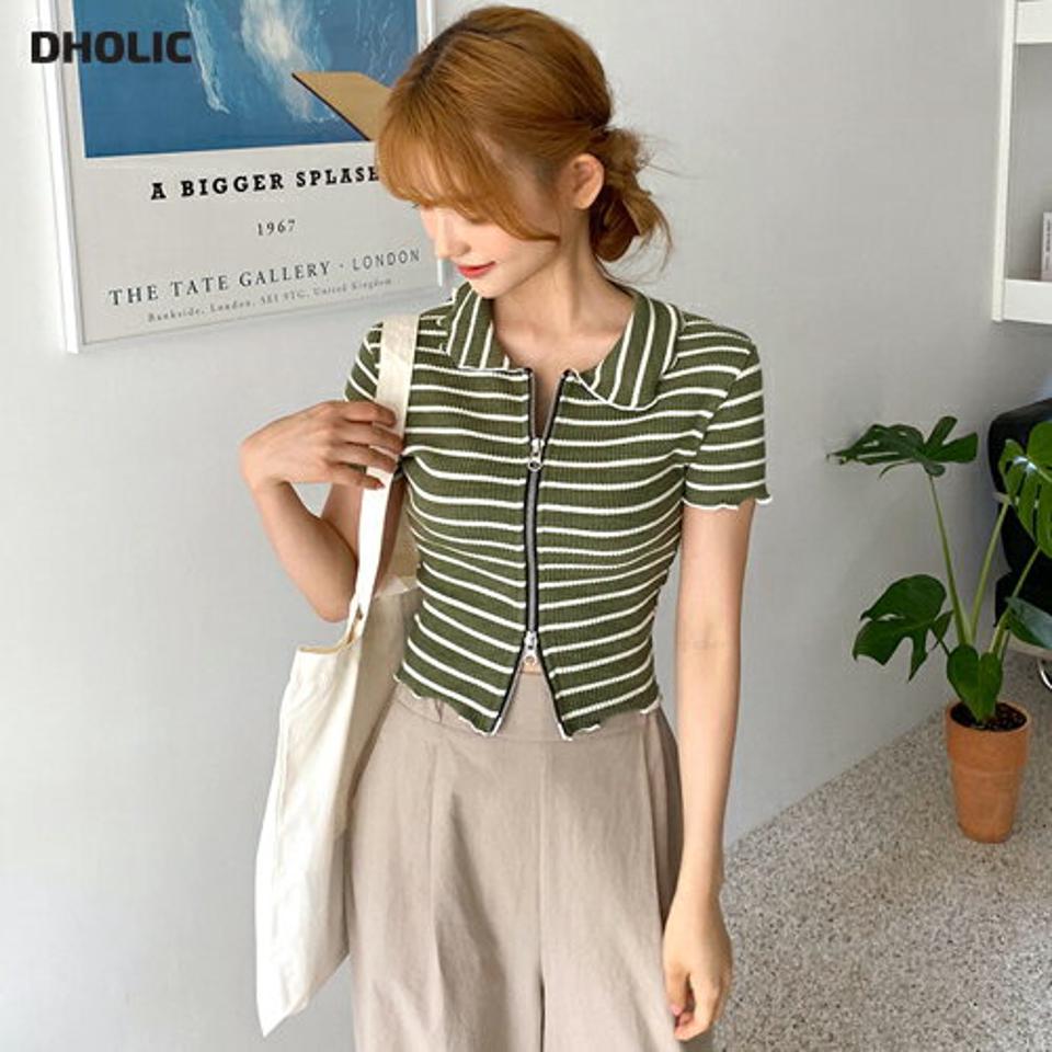 ジップアップボーダーTシャツ・全3色・t64775 レディース 【tops】韓国 ファッション トップス Tシャツ 半袖 フィット リブ スリム ダブルファスナー ボーダー パターン ベーシック デイリー フェミニン シンプル ガーリー 春 夏 NIJU