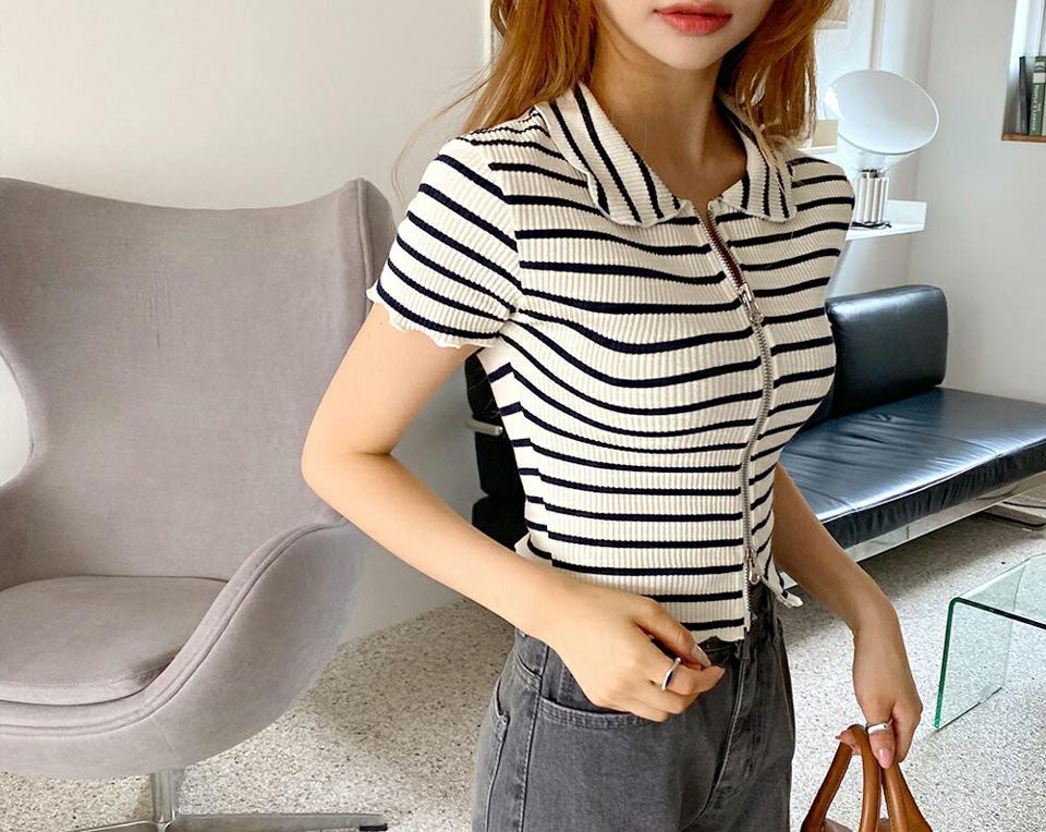 ジップアップボーダーTシャツ・全3色・t64775 レディース 【tops】韓国 ファッション トップス Tシャツ 半袖 フィット リブ スリム ダブルファスナー ボーダー パターン ベーシック デイリー フェミニン シンプル ガーリー 春 夏 NIJU