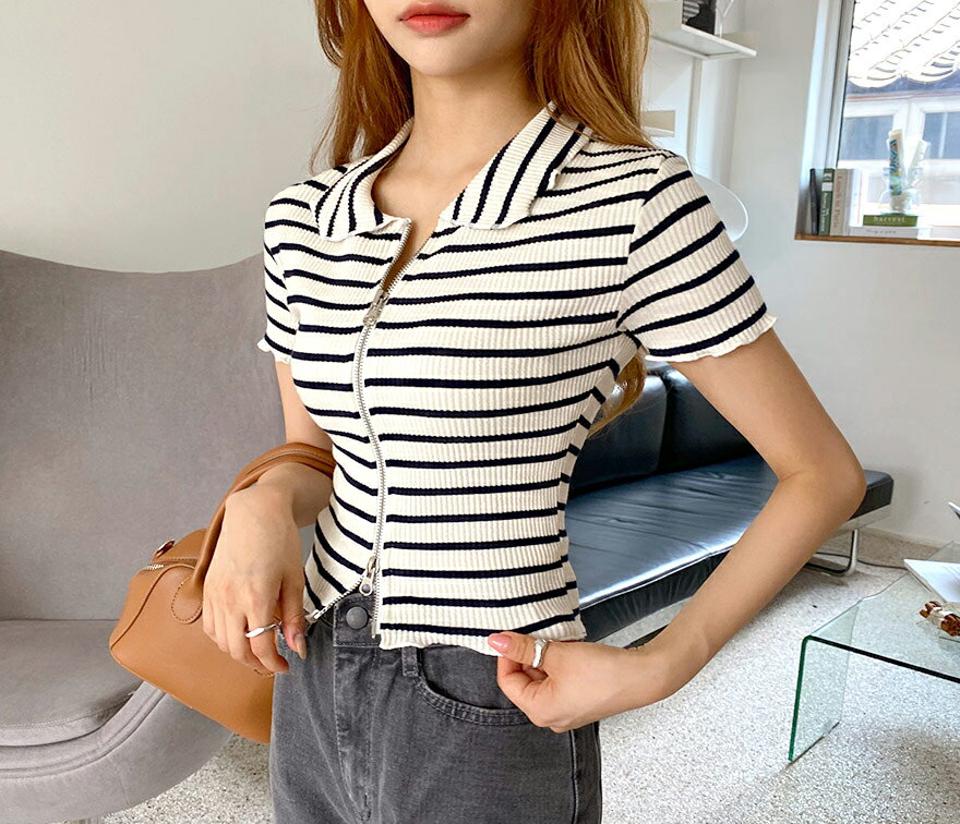 ジップアップボーダーTシャツ・全3色・t64775 レディース 【tops】韓国 ファッション トップス Tシャツ 半袖 フィット リブ スリム ダブルファスナー ボーダー パターン ベーシック デイリー フェミニン シンプル ガーリー 春 夏 NIJU