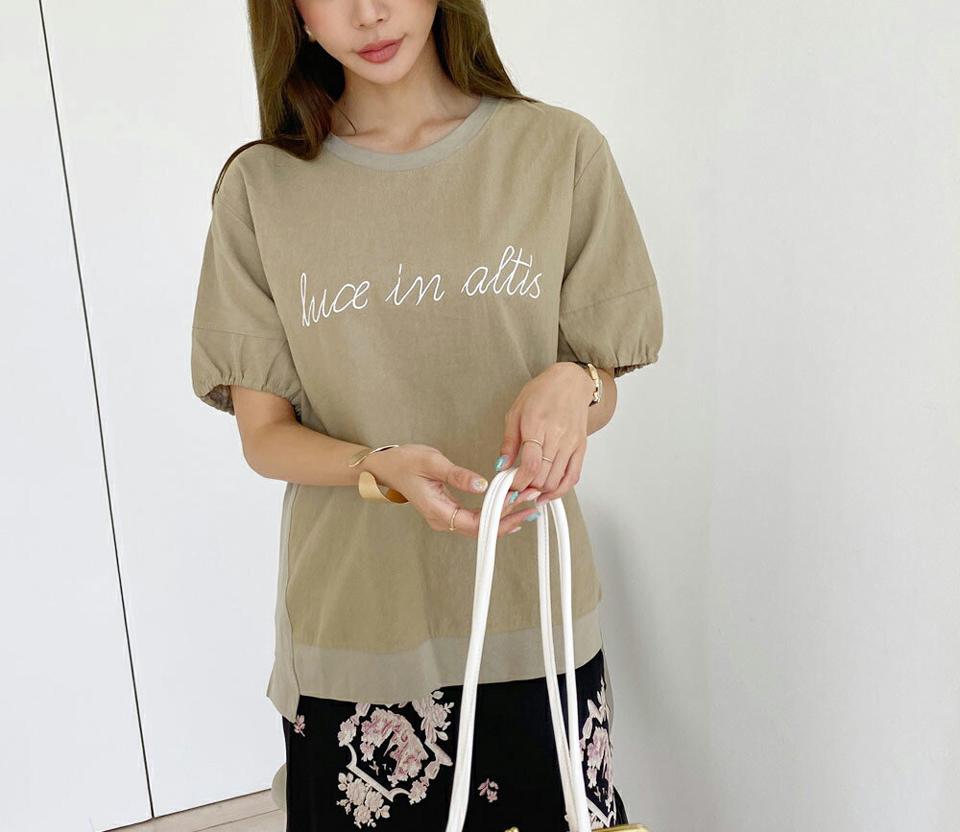 刺繍レタリング半袖Tシャツ・全3色・b69638 レディース 【tops】トップス Tシャツ 半袖 ロゴ レタリング ロゴT 刺繍 カジュアル ラフ 異素材 アンバランス 春 夏 韓国 ファッション ハイホリHIHOLLI