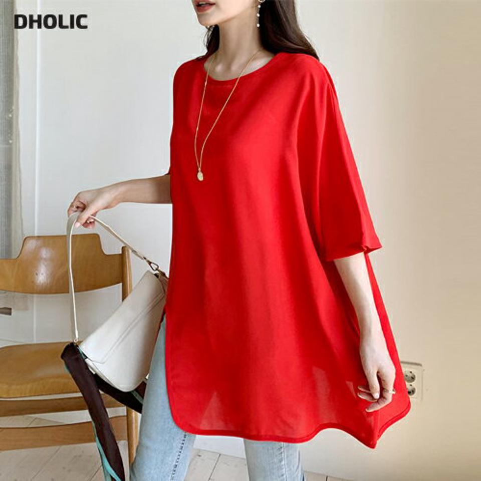 アンバランススリットロングブラウス・全4色・b69644 レディース 【bl】トップス ブラウス 半袖 ハーフスリーブ ロング丈 単色 無地 シンプル カジュアル ラフ スリット アンバランス ゆったり オーバーサイズ 春 夏 韓国 ファッション ハイホリHIHOLLI